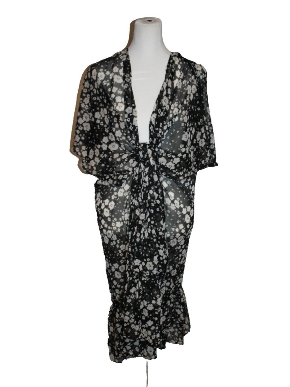 LC Lauren Conrad Black Floral Kimono Swim Cover One Size Sheer Boho 40” NEW